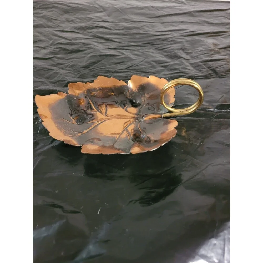 Vintage Copper Leaf Dish Tray Change Keys Brass Handle Patina